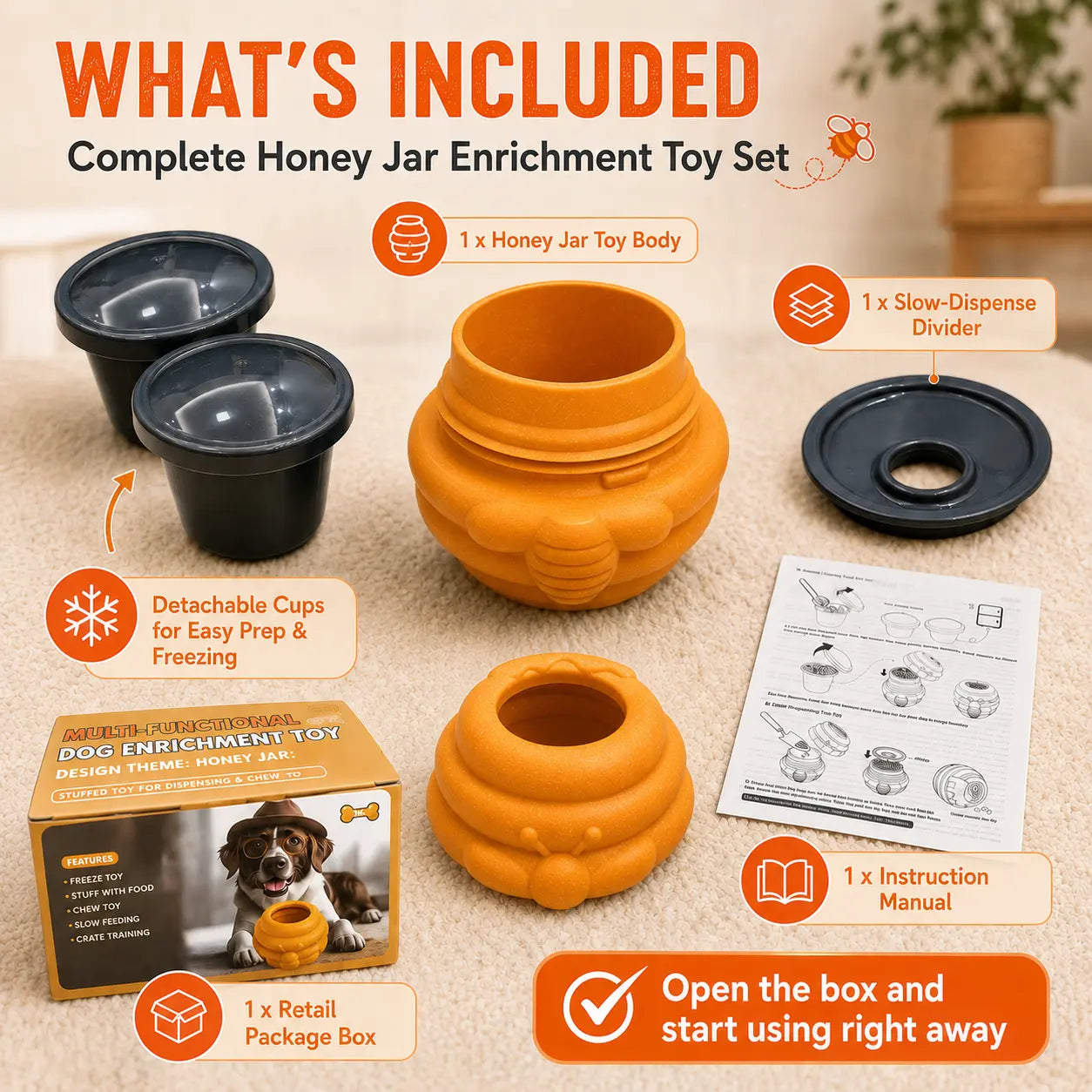 Honey Jar Dog Toy – Freezable Lick Bowl, Treat Dispenser & Chew-Resistant Enrichment Toy for Dogs Campingessentials