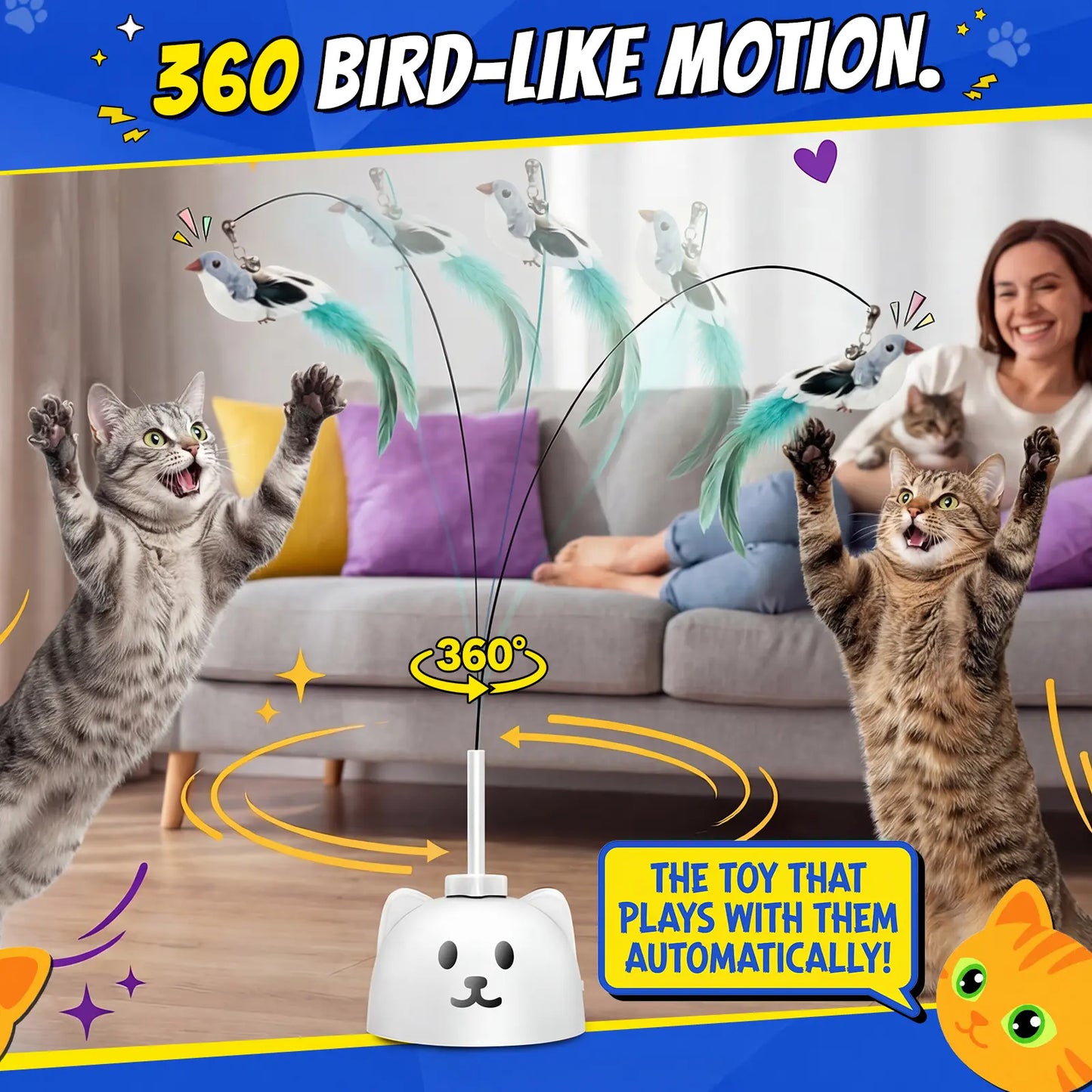 CATPICK Interactive Cat Toys for Indoor Cats—Automatic Feather Toy That Flutters like a Bird, Usb-Rechargeable Electric Cat Teaser with a Suction Cup Base, 360° Rotating Cat Toy, and Smart, Sensor-Activated Self-Play Puzzle Toys Designed for Bored Cats