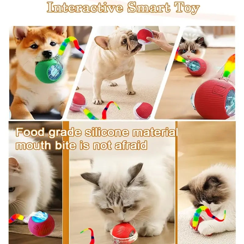 Silicone Pet Electric Automatic Rolling Ball, Smart Obstacle Avoidance Self-Entertainment Toy for Cats and Dogs, Colorful Plush Tail