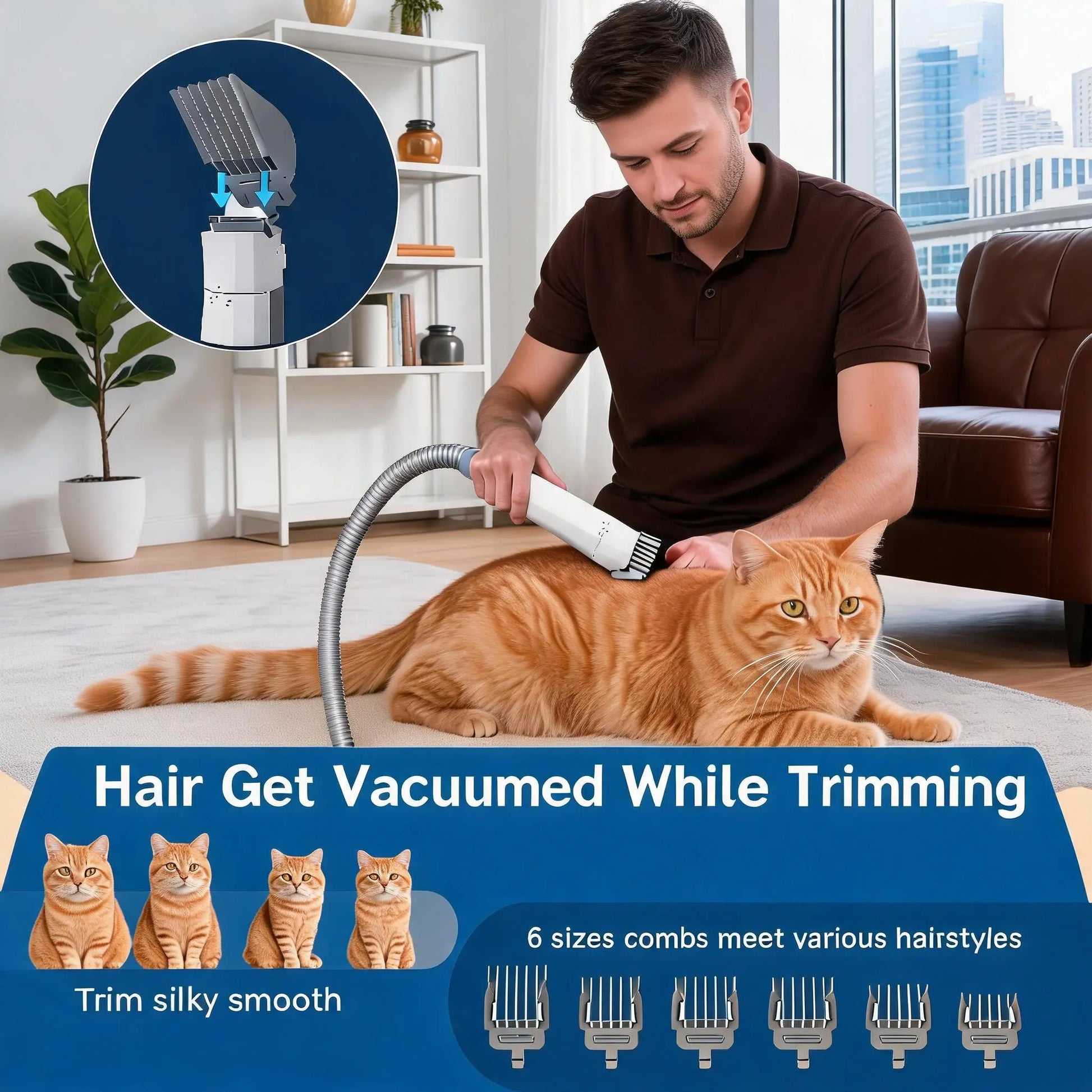 All-In-One Pet Hair Vacuum & Clipper System, 7-Piece Grooming & Nail Care Kit for Cats & Dogs - Anti-Shedding Tool Set for Shiny Tangle-Free Coat