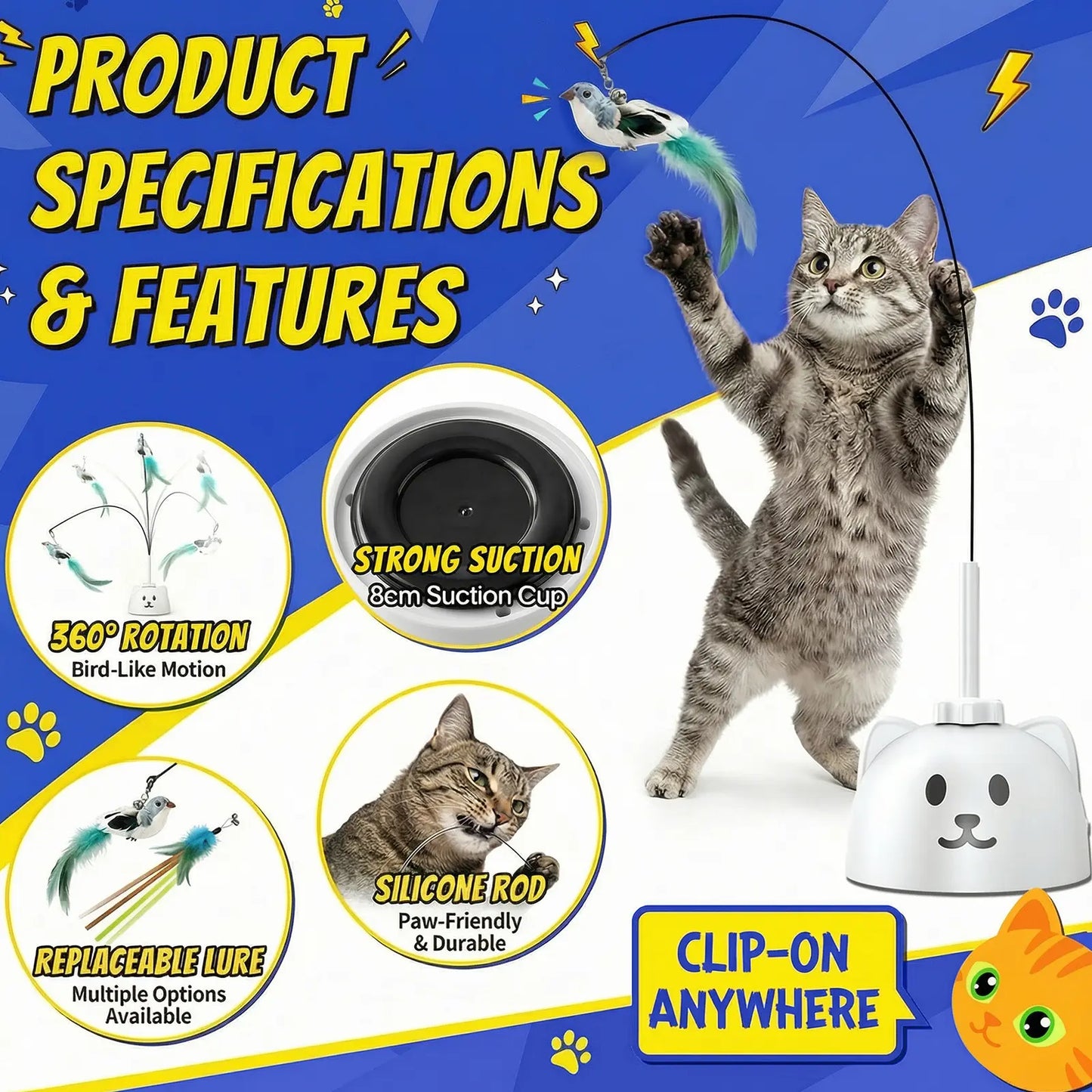 CATPICK Interactive Cat Toys for Indoor Cats—Automatic Feather Toy That Flutters like a Bird, Usb-Rechargeable Electric Cat Teaser with a Suction Cup Base, 360° Rotating Cat Toy, and Smart, Sensor-Activated Self-Play Puzzle Toys Designed for Bored Cats